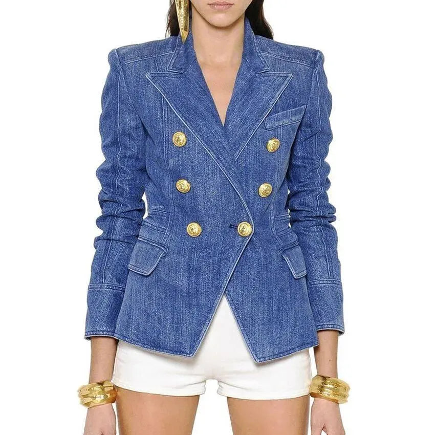Lion Buttons Denim Blazer Women - Casual - Plain-Solid - Denim Blazer - LeStyleParfait