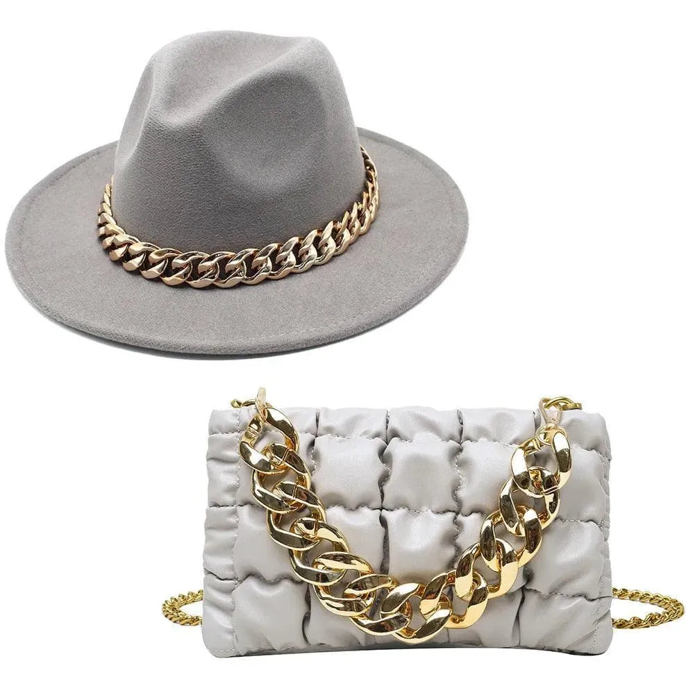 Luxury Fedora Hat And Oversized Chain Handbag - Fedora Hat - LeStyleParfait