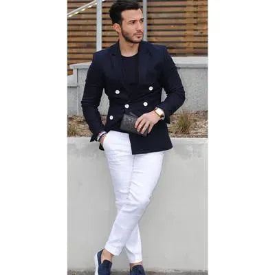 Men Blazer - Navy Blue Double-Breasted Blazer - Double-Breasted Blazer - LeStyleParfait