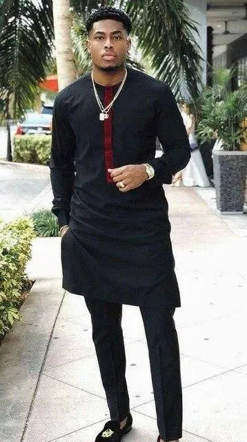 Men Bold Collarless Cotton Pants Set - Solid Pants Two-Piece Set - LeStyleParfait