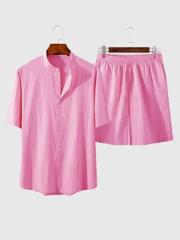 Men Casual Button-Down Summer Shorts Set - Solid Casual Shorts Two-Piece Set - LeStyleParfait