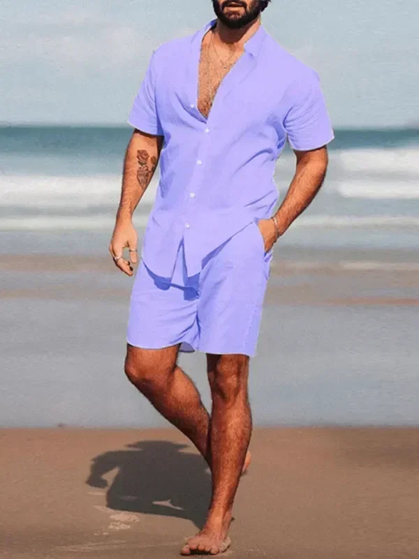Men Casual Button-Down Summer Shorts Set - Solid Casual Shorts Two-Piece Set - LeStyleParfait fashion image