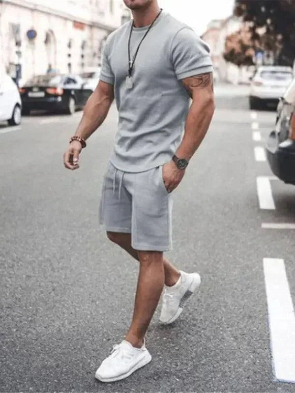 Men Casual Olive Crewneck Cotton Shorts Set - Solid Shorts Two-Piece Set - LeStyleParfait