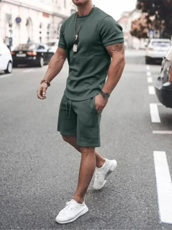 Men Casual Olive Crewneck Cotton Shorts Set - Solid Shorts Two-Piece Set - LeStyleParfait