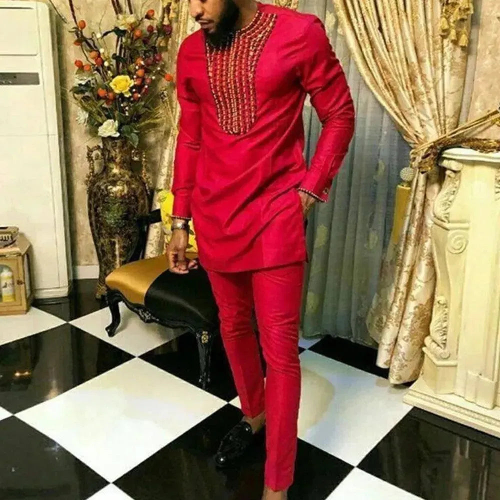 Men Classic Embroidered African Outfit Set - Solid Pants Two-Piece Set - LeStyleParfait