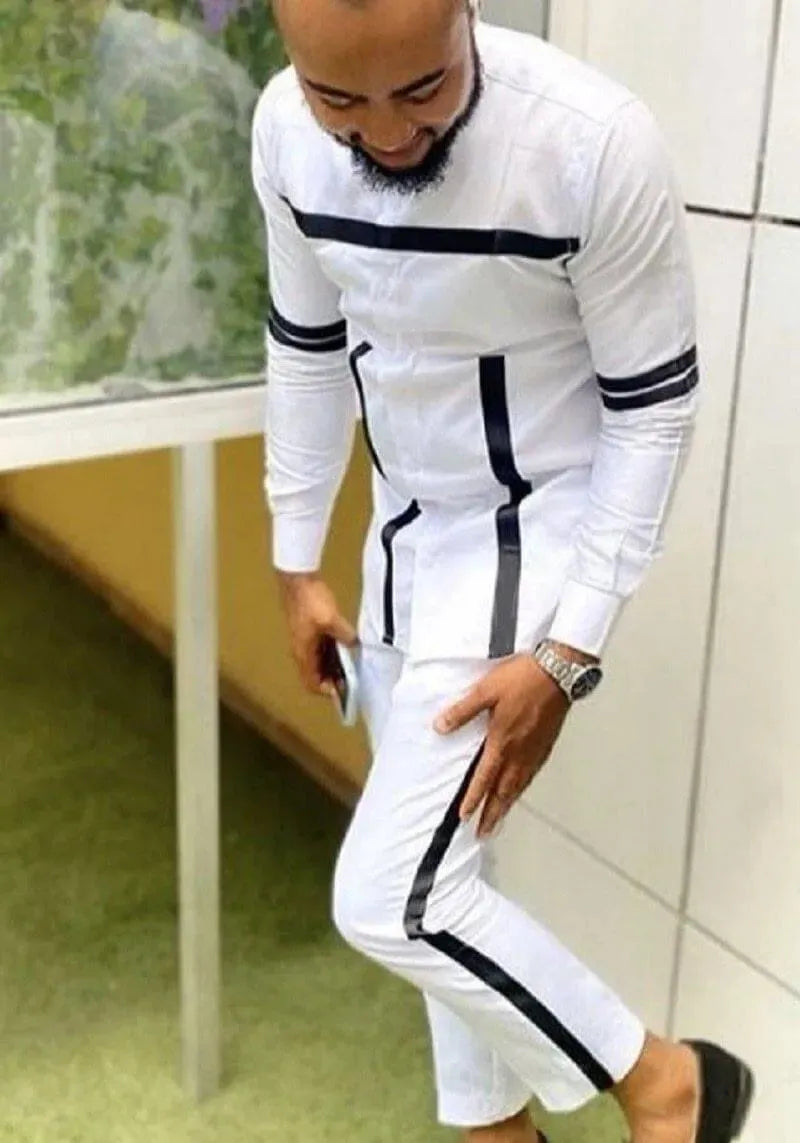 Men Classic Striped Cotton Two-Piece Set - Striped Pants Two-Piece Set - LeStyleParfait