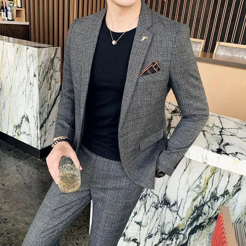 Lino Two Piece Formal Business Suit - Plaid Suit - LeStyleParfait