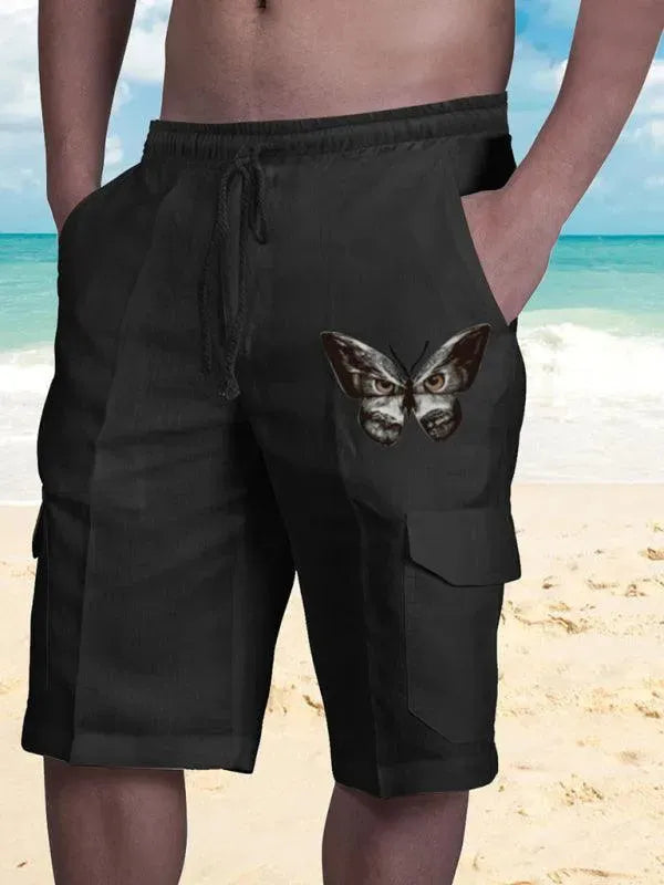 Men Linen Cargo Shorts Cat Print - Shorts - LeStyleParfait