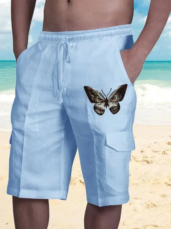 Men Linen Cargo Shorts Cat Print - Shorts - LeStyleParfait