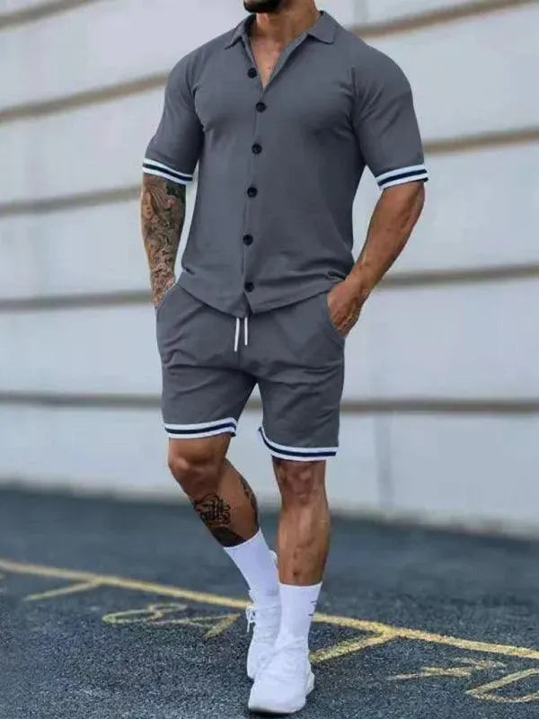 Men Minimalist Contrast Casual Shorts Set - Solid Tailored Shorts Two-Piece Set - LeStyleParfait