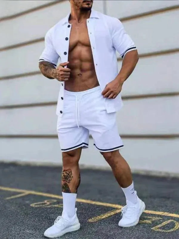 Men Minimalist Contrast Casual Shorts Set - Solid Tailored Shorts Two-Piece Set - LeStyleParfait