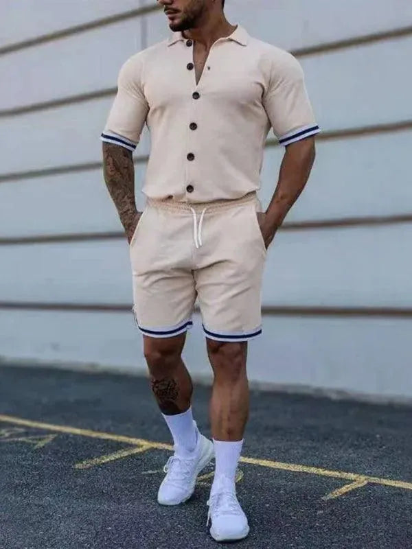Men Minimalist Contrast Casual Shorts Set - Solid Tailored Shorts Two-Piece Set - LeStyleParfait