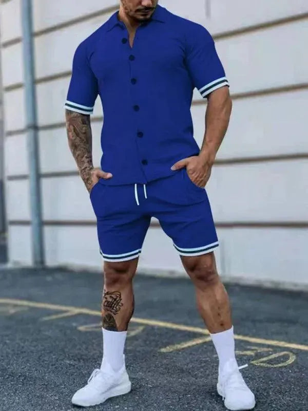 Men Minimalist Contrast Casual Shorts Set - Solid Tailored Shorts Two-Piece Set - LeStyleParfait