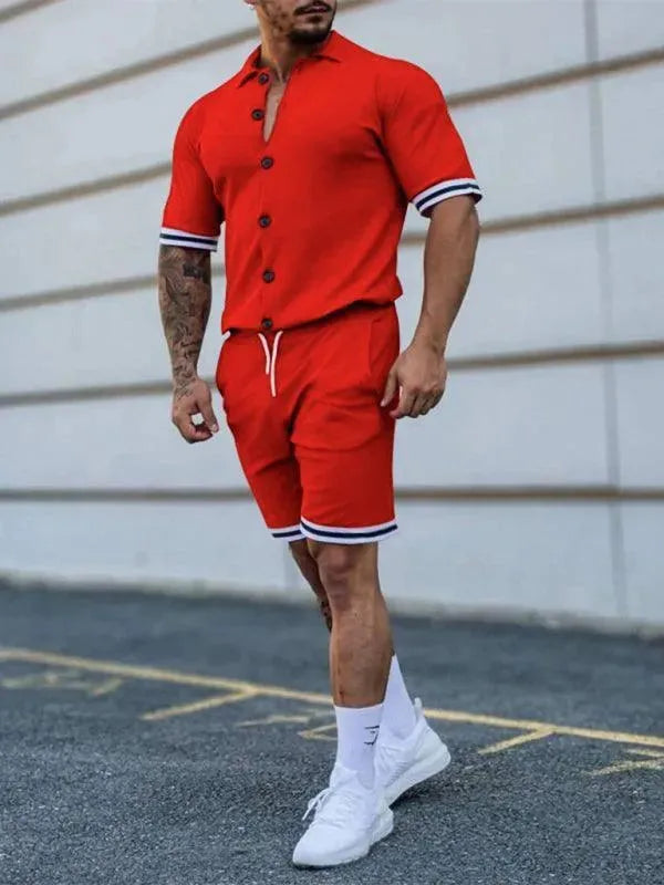 Men Minimalist Contrast Casual Shorts Set - Solid Tailored Shorts Two-Piece Set - LeStyleParfait