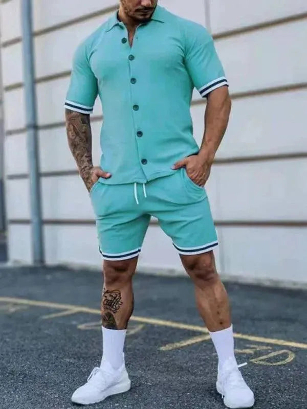 Men Minimalist Contrast Casual Shorts Set - Solid Tailored Shorts Two-Piece Set - LeStyleParfait