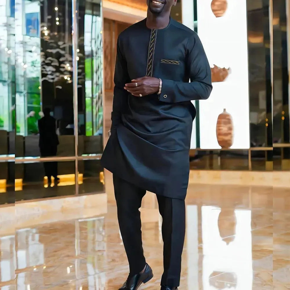 Men Polished Black Satin Two-Piece Set - Solid Satin Pants Two-Piece Set - LeStyleParfait