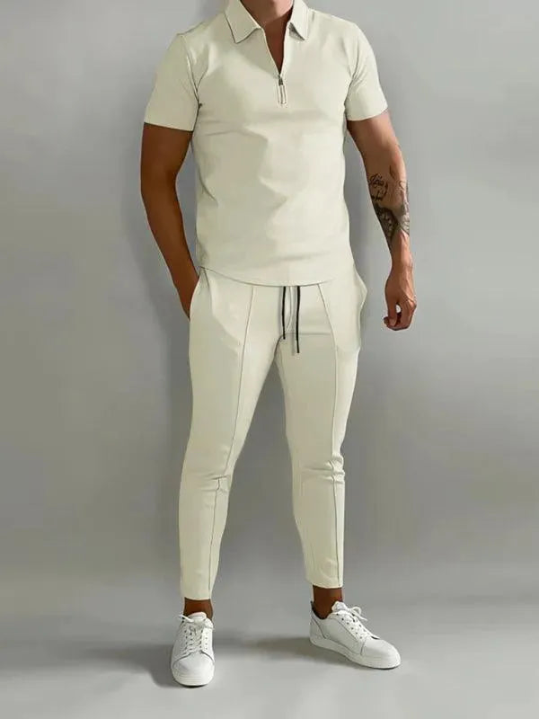 Men Trousers Set Two-Piece Outfit Solid Zipper Short Sleeve Slim Fit Cotton Spring Casual | LeStyleParfait