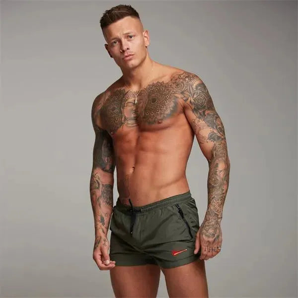 Men Red White Sporty Swim Shorts