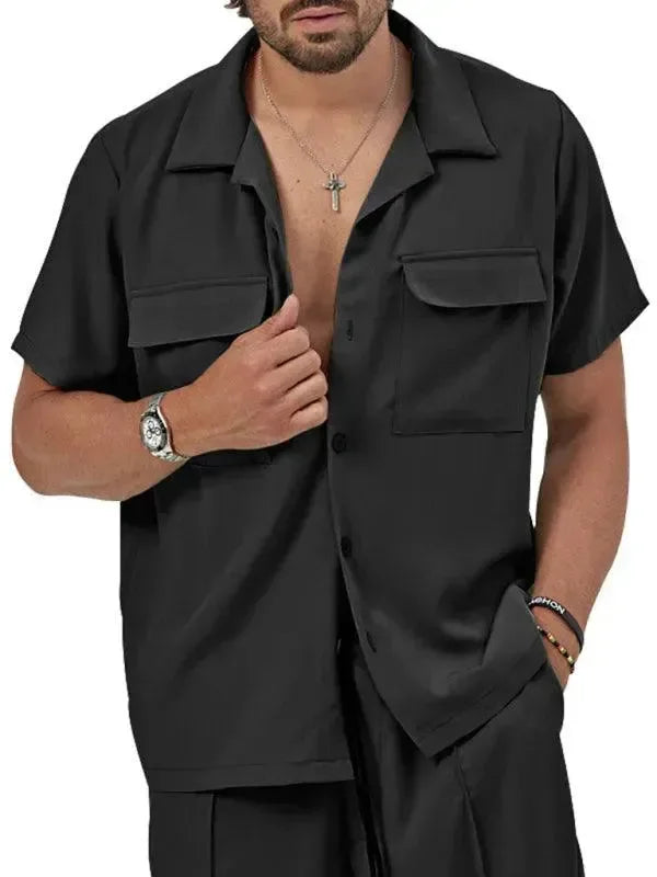Men Shorts Set Two-Piece Outfit Solid Button-Down Short Sleeve Relaxed Fit Cotton Summer Casual | LeStyleParfait