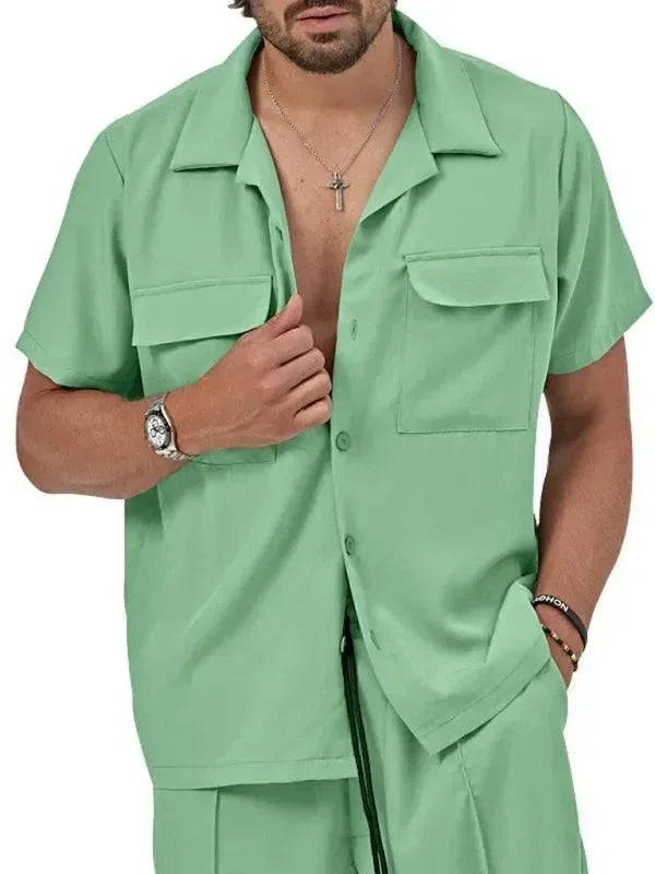 Men Shorts Set Two-Piece Outfit Solid Button-Down Short Sleeve Relaxed Fit Cotton Summer Casual | LeStyleParfait