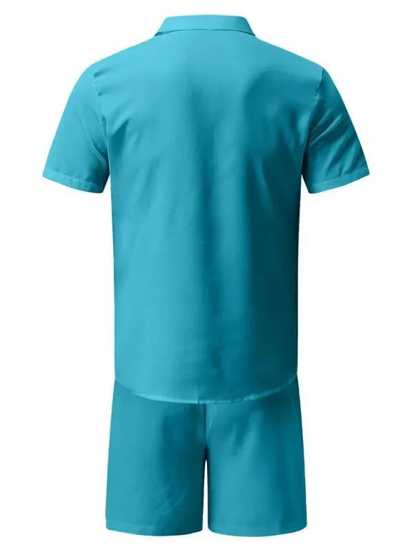 Men Relaxed Casual Linen Shorts Set - Solid Casual Shorts Two-Piece Set - LeStyleParfait