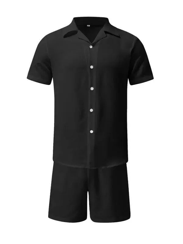 Men Relaxed Casual Linen Shorts Set - Solid Casual Shorts Two-Piece Set - LeStyleParfait