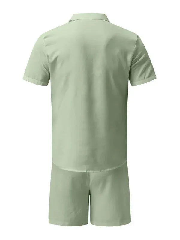 Men Relaxed Casual Linen Shorts Set - Solid Casual Shorts Two-Piece Set - LeStyleParfait