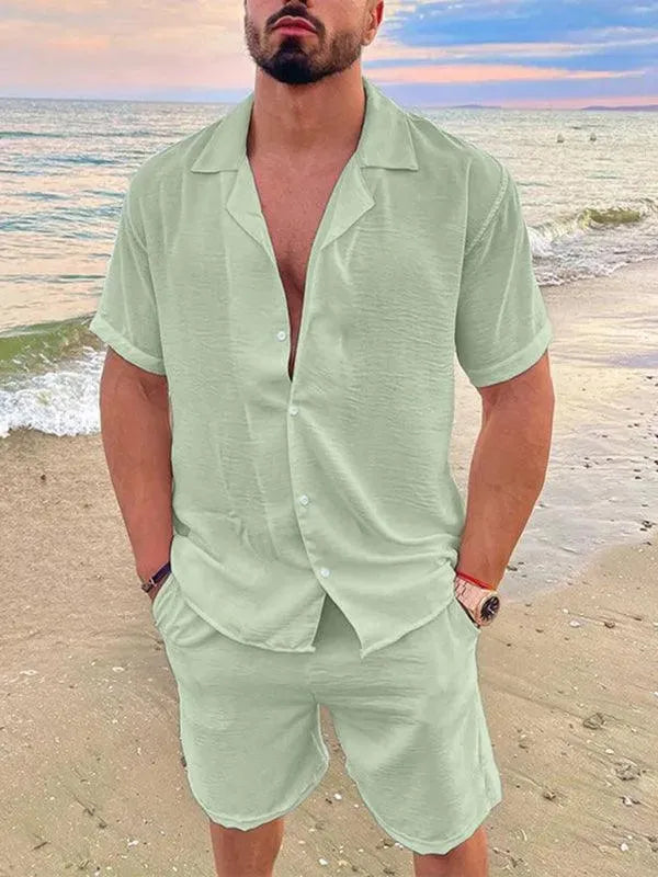 Men Relaxed Casual Linen Shorts Set - Solid Casual Shorts Two-Piece Set - LeStyleParfait