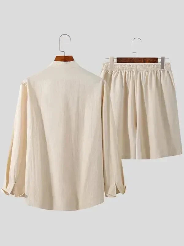 Men Relaxed Casual Linen Shorts Set - Solid Shorts Two-Piece Set - LeStyleParfait