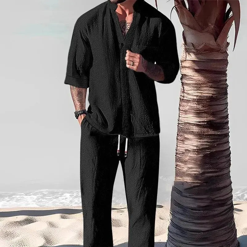 Men Relaxed Casual Linen Two-Piece Set - Solid Casual Pants Two-Piece Set - LeStyleParfait