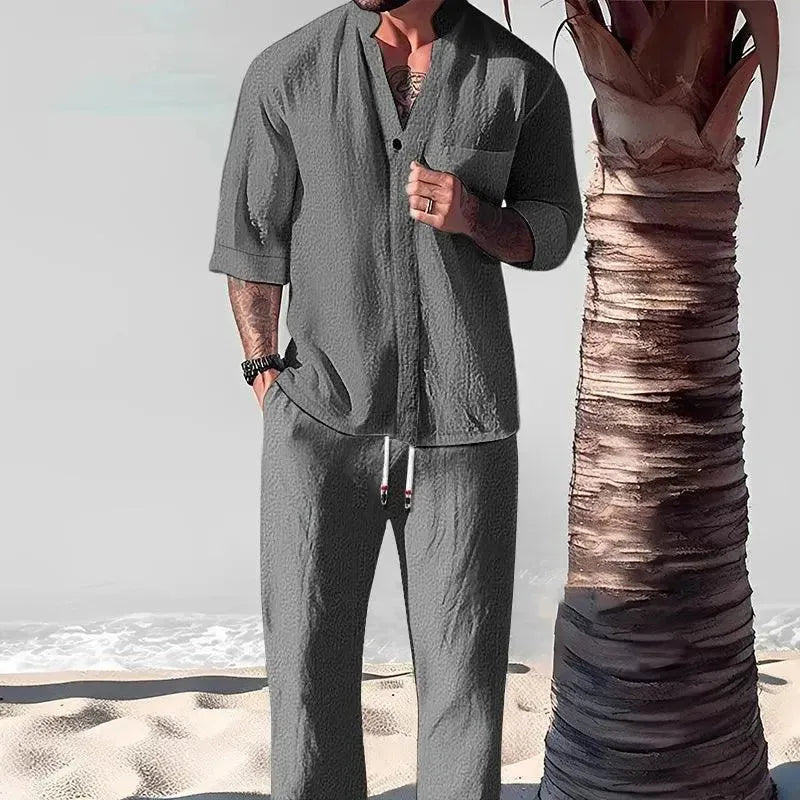 Men Relaxed Casual Linen Two-Piece Set - Solid Casual Pants Two-Piece Set - LeStyleParfait