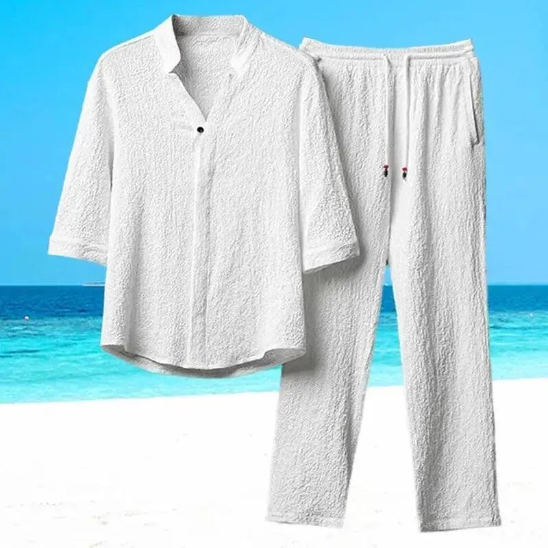 Men Relaxed Casual Linen Two-Piece Set - Solid Casual Pants Two-Piece Set - LeStyleParfait
