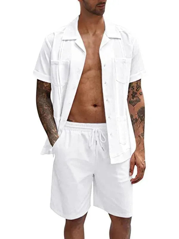 Men Relaxed Casual White Cotton Shorts Set - Solid Casual Shorts Two-Piece Set - LeStyleParfait