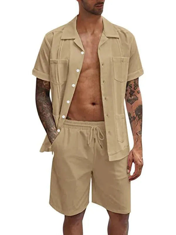 Men Relaxed Casual White Cotton Shorts Set - Solid Casual Shorts Two-Piece Set - LeStyleParfait