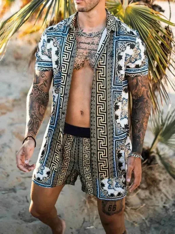 Men Shorts Set Two-Piece Outfit Ethnic Collarless Long Sleeve Relaxed Fit Polyester Summer Beach | LeStyleParfait fashion image