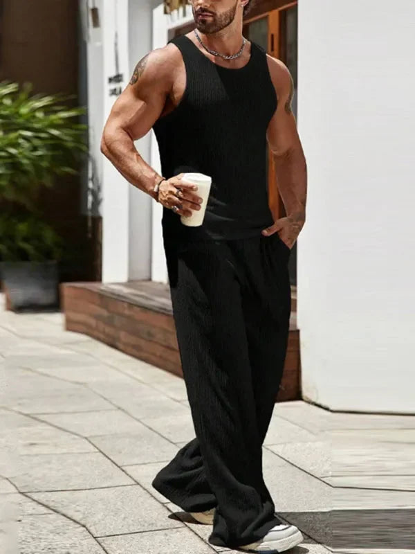 Men Relaxed Ribbed Casual Two-Piece Set - Ribbed Casual Trousers Two-Piece Set - LeStyleParfait