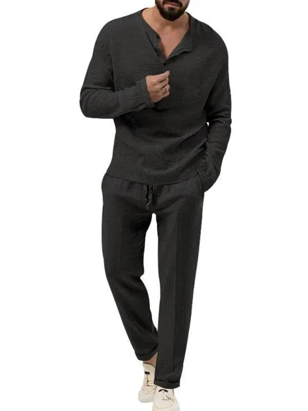 Men Relaxed Ribbed Jogger Lounge Set - Solid Jogger Two-Piece Set - LeStyleParfait