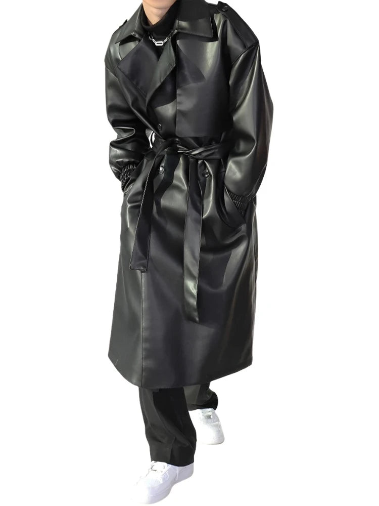 Men's Casual Belted Leather Overcoat - Overcoat - LeStyleParfait