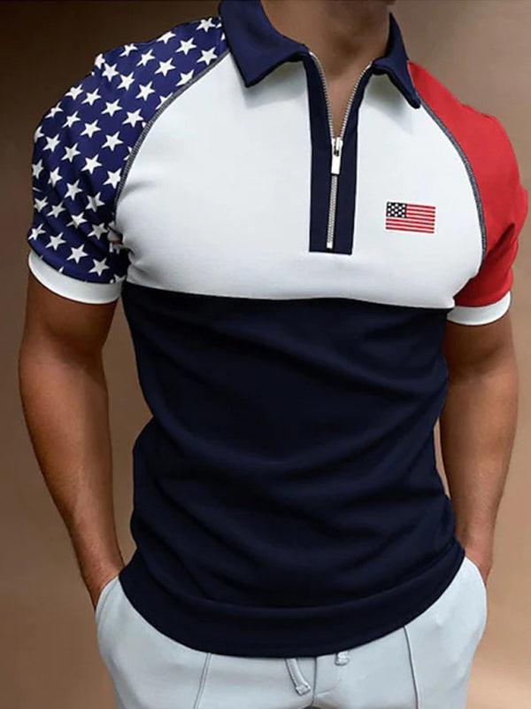 Men's Color Contrasting Flag Print Short Sleeve Zip Lapel Polo Shirt - - LeStyleParfait