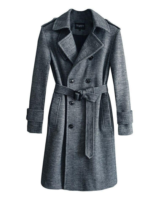 Men's Herringbone Winter Coat - Double-Breasted Casual Jacket - Trench Coat - LeStyleParfait