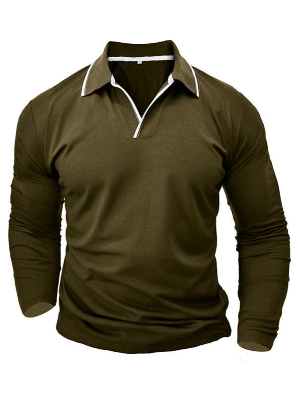 Men's new long-sleeved V-neck lapel contrasting color POLO shirt - - LeStyleParfait