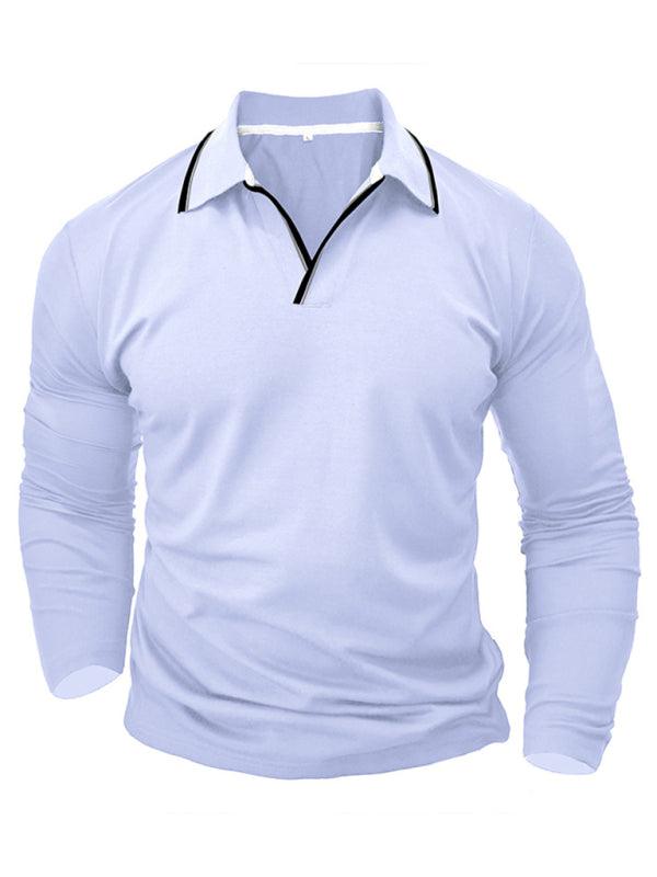 Men's new long-sleeved V-neck lapel contrasting color POLO shirt - - LeStyleParfait