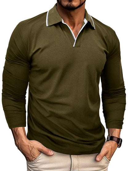 Men's new long-sleeved V-neck lapel contrasting color POLO shirt - - LeStyleParfait