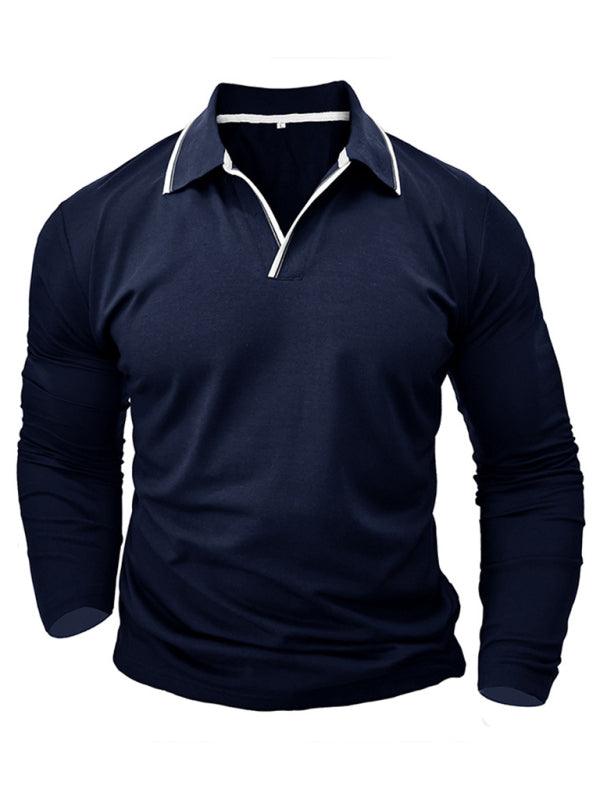 Men's new long-sleeved V-neck lapel contrasting color POLO shirt - - LeStyleParfait