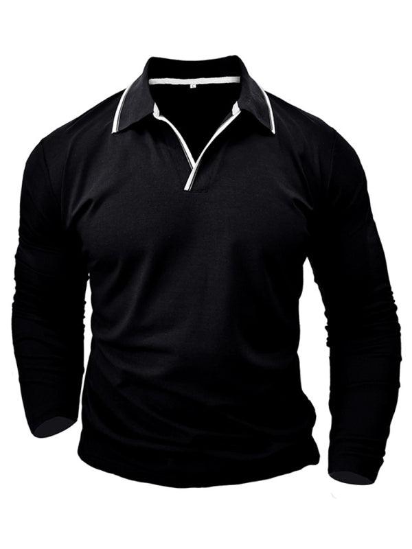 Men's new long-sleeved V-neck lapel contrasting color POLO shirt - - LeStyleParfait