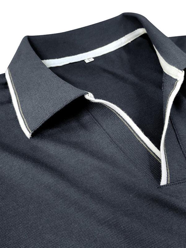 Men's new long-sleeved V-neck lapel contrasting color POLO shirt - - LeStyleParfait