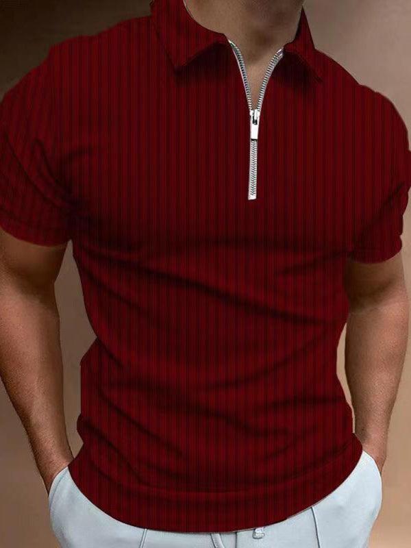 Men's new zipper striped short-sleeved lapel casual polo shirt - - LeStyleParfait