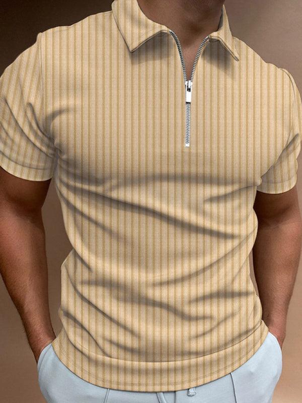 Men's new zipper striped short-sleeved lapel casual polo shirt - - LeStyleParfait