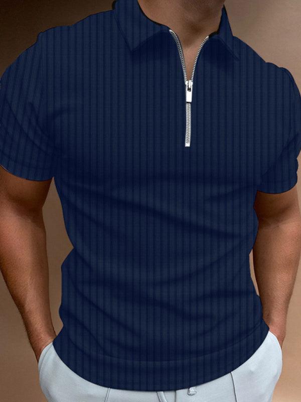 Men's new zipper striped short-sleeved lapel casual polo shirt - - LeStyleParfait