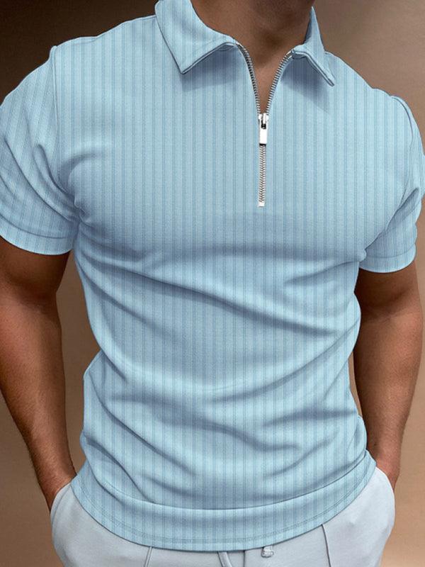 Men's new zipper striped short-sleeved lapel casual polo shirt - - LeStyleParfait